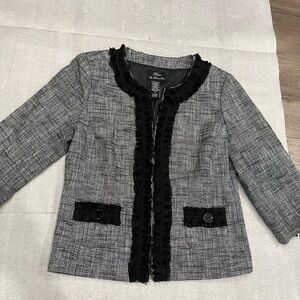 [US M]Frenz Chic Gray and Black Linen Blend Tweed Lace Jacket Hook Eye VTG